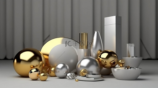 金银背景化妆品展示的 3D 渲染
