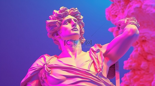 复古波城市流行设计，以抽象蒸汽波风格颜色的 3D 渲染希腊神雕塑为特色