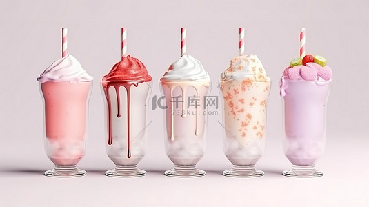 从乳白色和草莓奶昔 3d 插图中收集孤立的滴水
