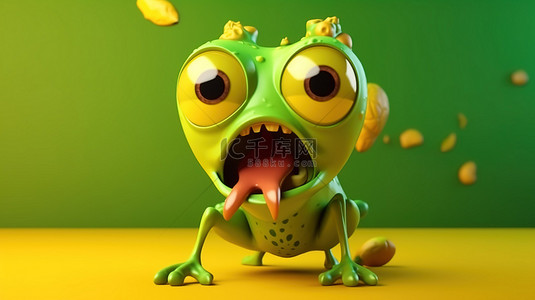 绿色青蛙卡通青蛙背景图片_可爱的 3D 插图，在充满活力的黄色背景上微笑的绿色青蛙怪物，非常适合儿童设计