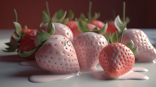 卡通牛奶背景图片_奶油上的柔和柔和草莓 3D 渲染款待