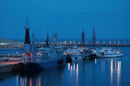 客运站背景图片_停靠在港口的灯火通明的船只