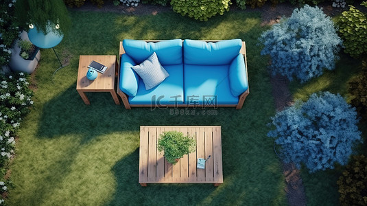 花园绿洲的鸟瞰图，木质甲板上设有时尚的蓝色沙发脚凳和咖啡桌，周围环绕着郁郁葱葱的绿草 3D 渲染