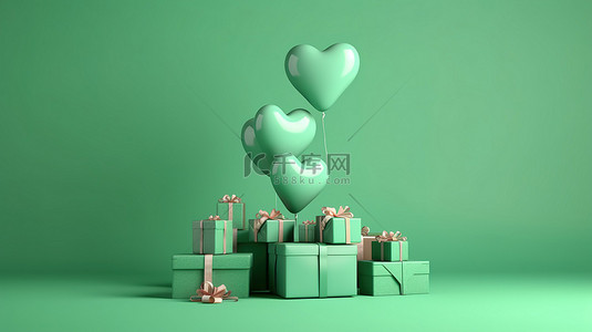 绿色情人节背景上的 3D 插图爱心气球和礼品盒