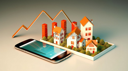 房地产增长以 3D 形式展示了手机上的商业图表和房屋