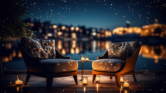 河边扶手椅和咖啡桌，星空下夜晚宁静的令人惊叹的 3D 渲染