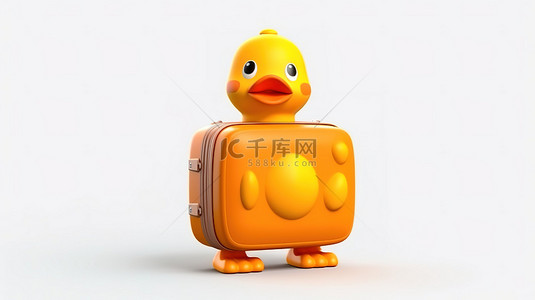 可爱时尚的背景图片_可爱的鸭子吉祥物，带有时尚的橙色手提箱，白色背景，3D 渲染图像