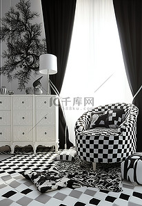 地毯地毯背景图片_一间配有黑白家具白色窗帘和地毯的房间