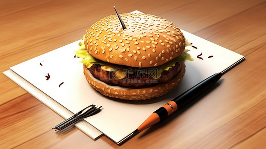 3D 渲染的汉堡面包，带笔和叶子打开