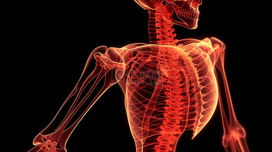 身体结构人体背景图片_骨骼结构的视觉描绘，骨骼受损，手臂疼痛，红光效果突出