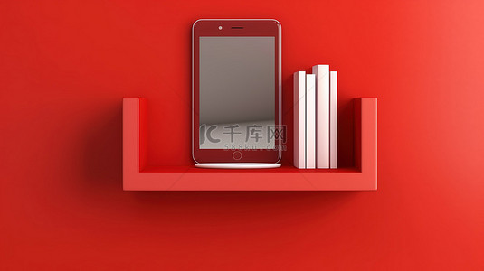 红色办公背景图片_带有数字平板电脑 3D 插图的垂直横幅显示在红色墙架上