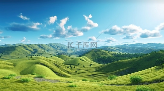 美丽的草原背景图片_青翠山景上蓝天的 3d 渲染