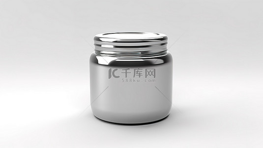 白色背景前视图上空白金属塑料罐的 3D 渲染