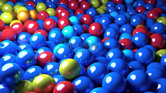 蓝色背景 3D 渲染上电池周围的彩色球