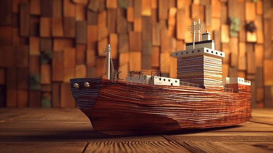 船舶机舱背景图片_可持续船舶设计 3D 渲染反对木质纹理