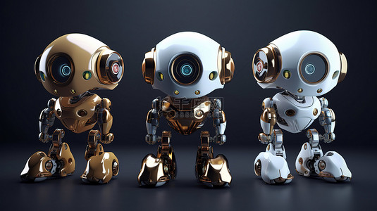 可爱的人工智能机器人的集合在运动 3d 渲染