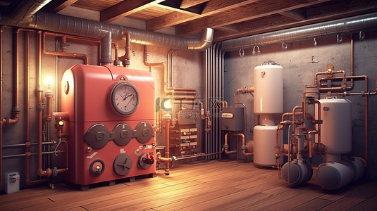 房屋安全背景图片_家庭内部地下室锅炉系统的 3d 插图