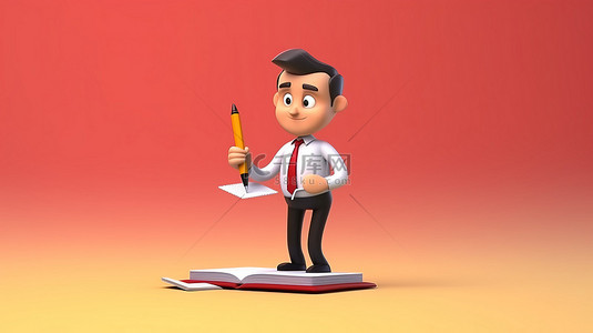 商务肖像背景图片_卡通风格 3D 插图，服务员用笔记本和铅笔记下订单