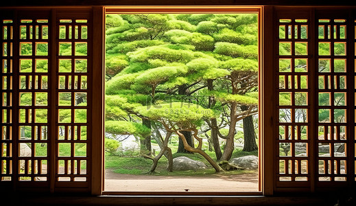 面向树木繁茂的木窗的景色