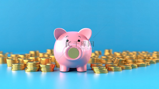 粉红色小猪背景图片_蓝色背景上粉红色存钱罐的 3d 渲染