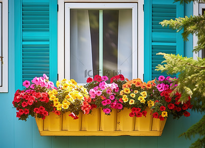 前院有两个带花盆的彩色窗框
