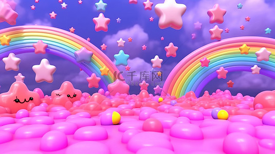 异想天开的粉红色天空与卡通彩虹星星和云彩在 3D 渲染图像