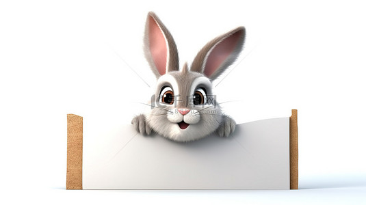 广告牌卡通背景图片_卡通兔子的 3d 插图与白色背景上的横幅