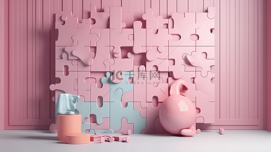 粉色色调 3D 渲染拼图墙，采用偏置碎片和柔和的色调