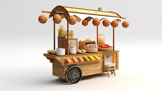 白色背景上配有肉丸面条和椅子的木制亚洲街头食品车的 3D 渲染