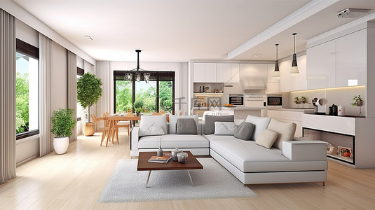 美式现代沙发背景图片_现代生活空间，设有开放式美式厨房和舒适的 3D 渲染沙发