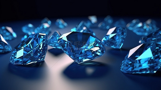蓝宝石背景上蓝色钻石晶体的 3D 渲染