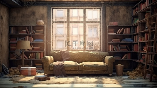 一间陈旧的房间里布满灰尘的家具和书架，上面有脏窗户和沙发的 3D 插图