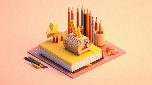 书籍铅笔背景图片_现代平面设计中铅笔和书籍的创新学习等距 3D 渲染