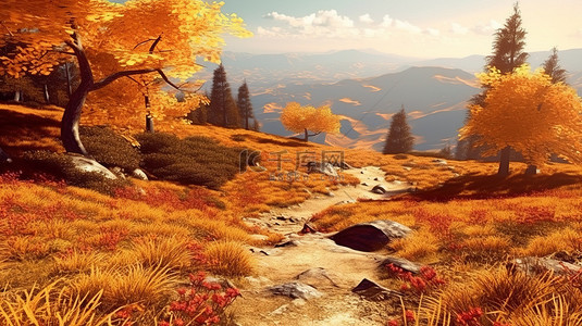 森林中的河流背景图片_火热的秋色山脉和森林在 3D 插图中栩栩如生