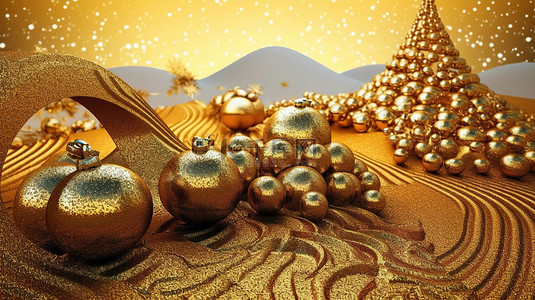 金色发光星星背景图片_闪闪发光的蛇纹石圣诞树与闪闪发光的装饰品 3D 图形
