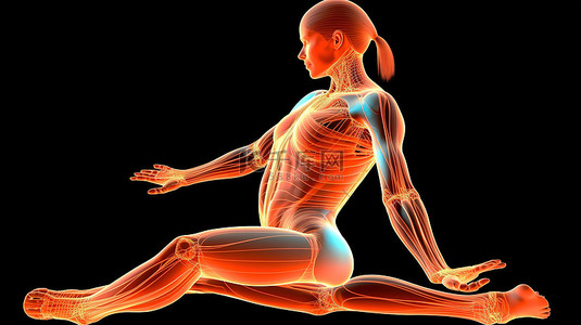盆腔疼痛背景图片_肌肉发达的女性 3d 模型，处于坐立位置，突出显示腹肌