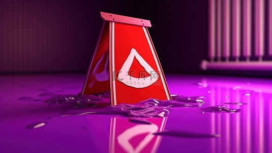 雨雪防滑背景图片_3D 渲染的便携式地板标志，紫色背景上带有警告符号