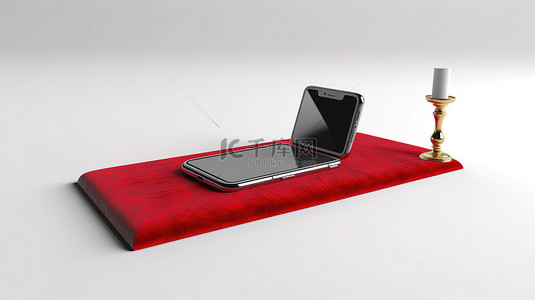 白色背景下智能手机和红地毯的 3D 渲染