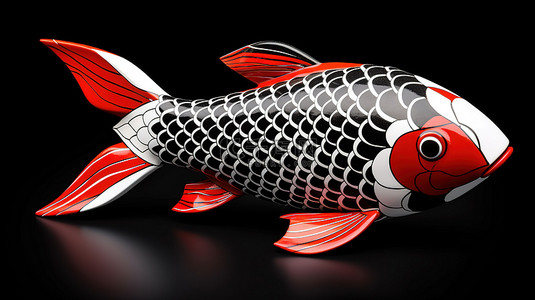 令人惊叹的 3D 渲染锦鲤鱼，采用充满活力的红色黑白，带有侧视图