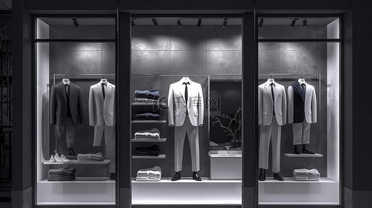 店面租赁背景图片_商场在店面展示男士西装衬衫和连衣裙的 3D 渲染
