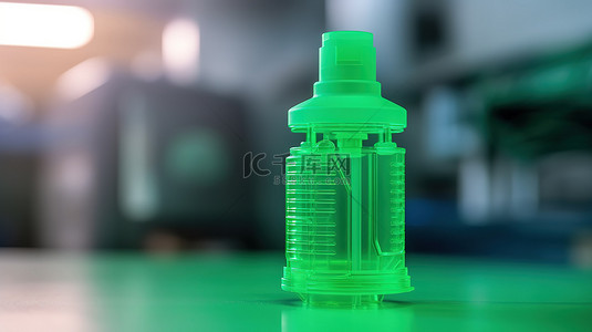 桌面上 3D 打印绿色瓶子的特写