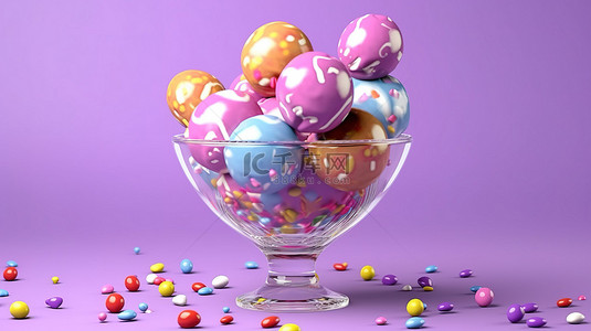冰淇淋圣代背景图片_冰冷的喜悦盛在玻璃杯中，紫色背景上充满活力的糖果配料 3D 建模