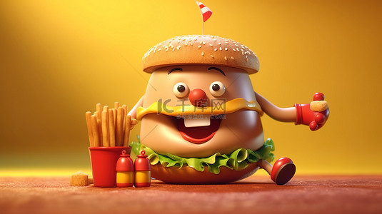 腰部曲条背景图片_汉堡卡通人物凸显快餐和垃圾食品引起的肥胖流行 3D 插图