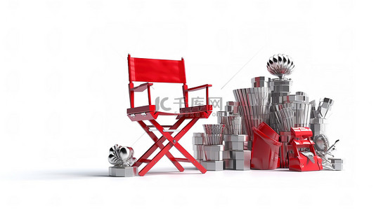 视频背景图片_白色背景 3D 渲染上电影行业红色导演椅电影拍板和卷轴的艺术描绘