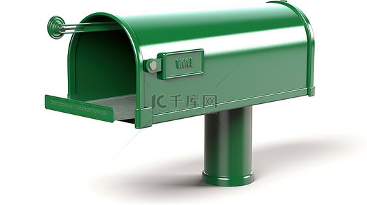 绿色信箱的 3D 插图，邮件隔离在白色背景上