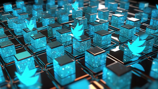 3D 渲染中众多方形 Twitter 徽章的特写视图