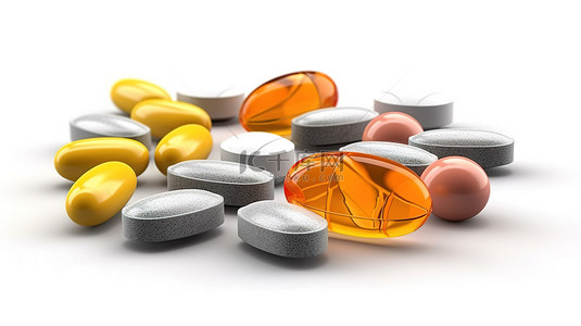 各种膳食补充剂灰色药丸，其中有一个突出的橙色药丸，在白色背景上以 3D 渲染