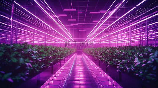 工业温室 3D 渲染中具有充满活力的紫色 LED 照明的水培室内蔬菜植物工厂