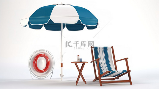 白色和蓝色躺椅设置为 3d 渲染，在干净的白色背景上配有海滩配件