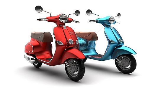 安全摩托车背景图片_白色背景的 3d 插图与红色和蓝色滑板车集